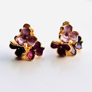 Vintage Gold Tone Pink & Purple Floral Pansies Clip-on Earrings